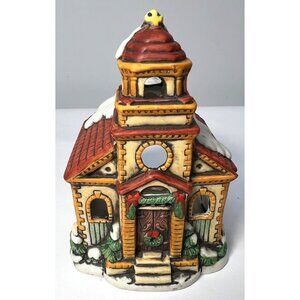 Lefton Hand-Painted Ceramic Church Tea Light Candle Holder With Snowy Roof